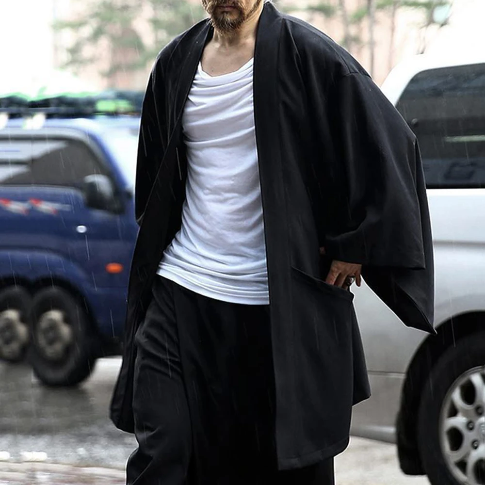 Mens Fashion Solid Color Bat Sleeve Cardigan Autumn New Loose Trend Clothing Mid-Length Versatile Personality Jacket Windbreaker