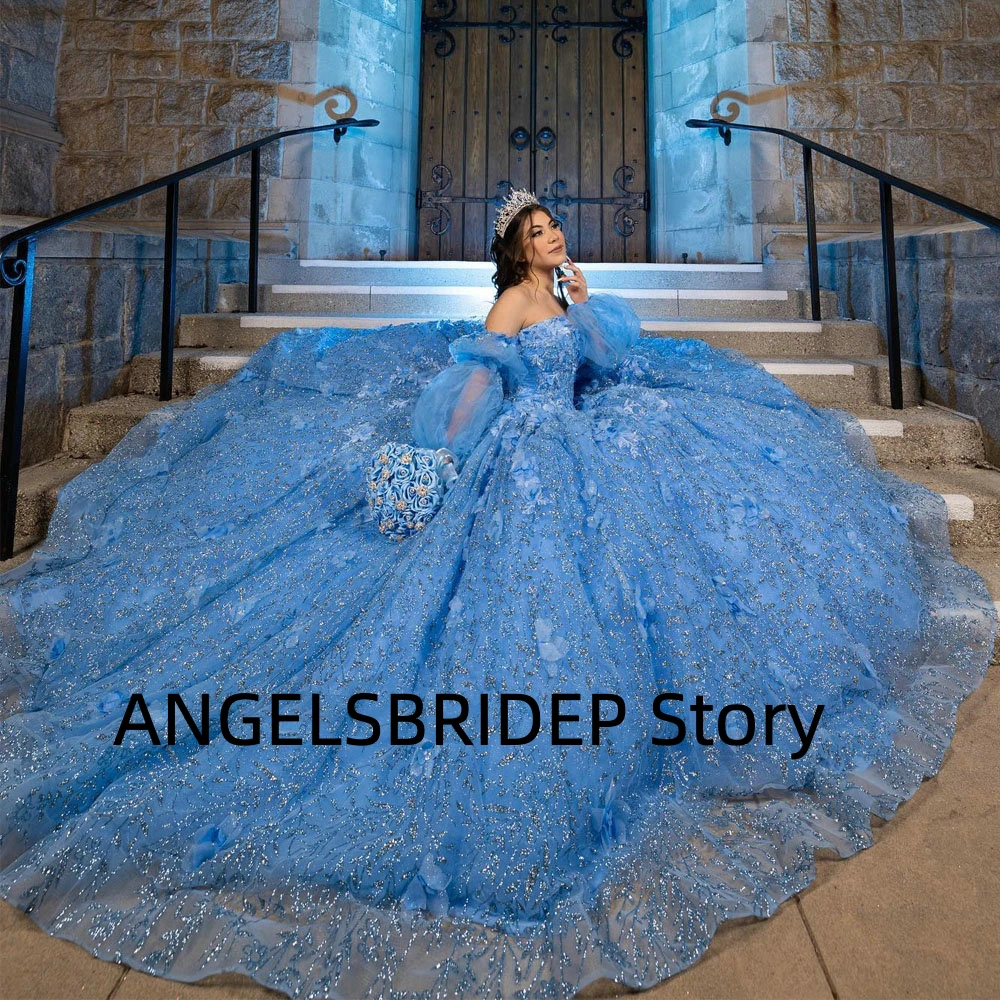 

ANGELSBRIDEP детское голубое платье с блестками и кристаллами, бальное платье с длинным рукавом и открытыми плечами, 3D Цветочный корсет, платья