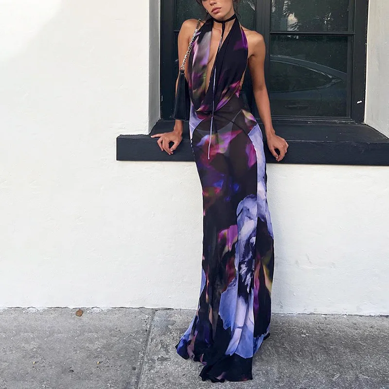 

2022 New Elegant Sexy Backless Lace Up Print Dress Party Beach Dress