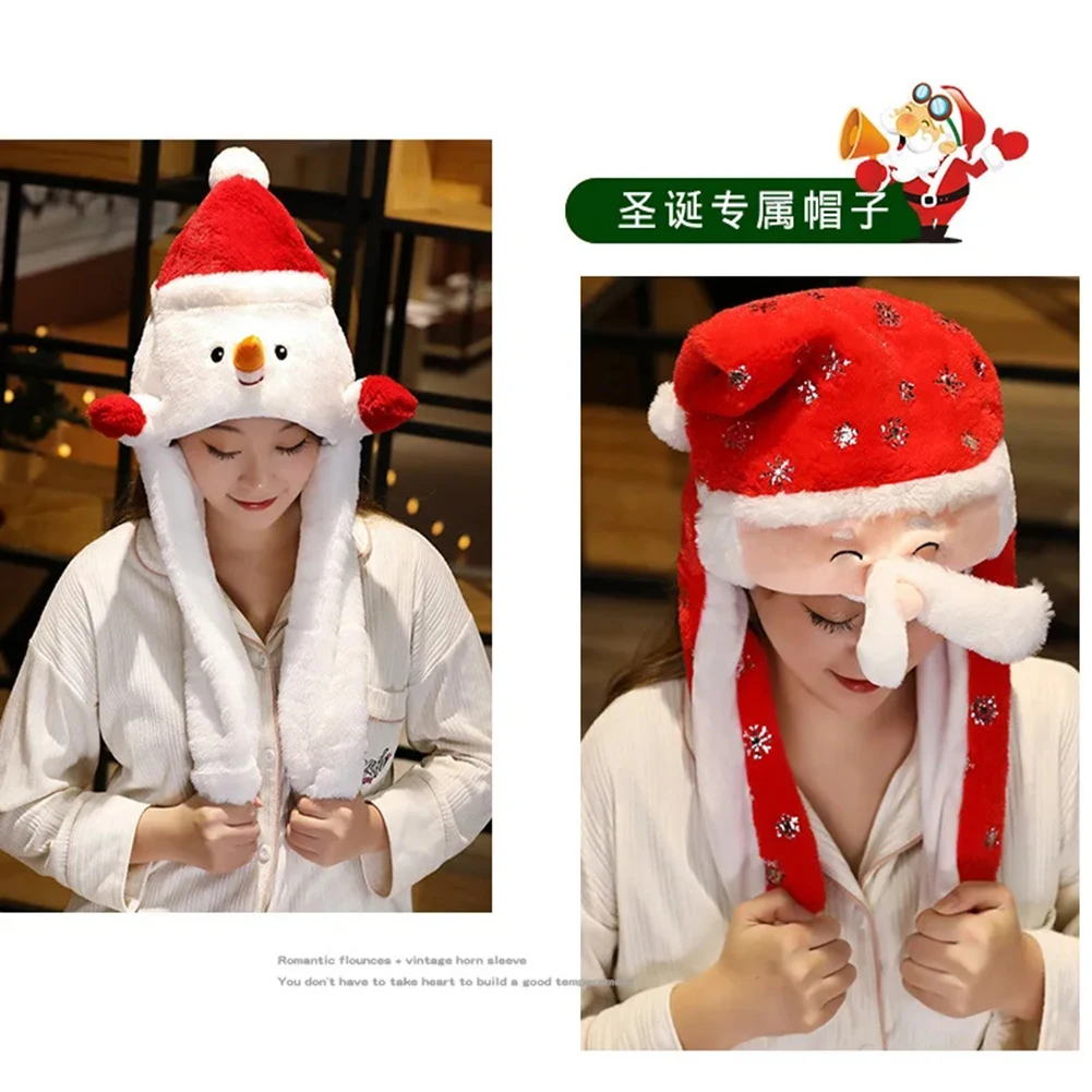 Santa Claus Christmas Hat Ear Moving Hat Cute Jumping up Soft with Bear Move Xmas Decoration Christmas Gift for Kids Adult
