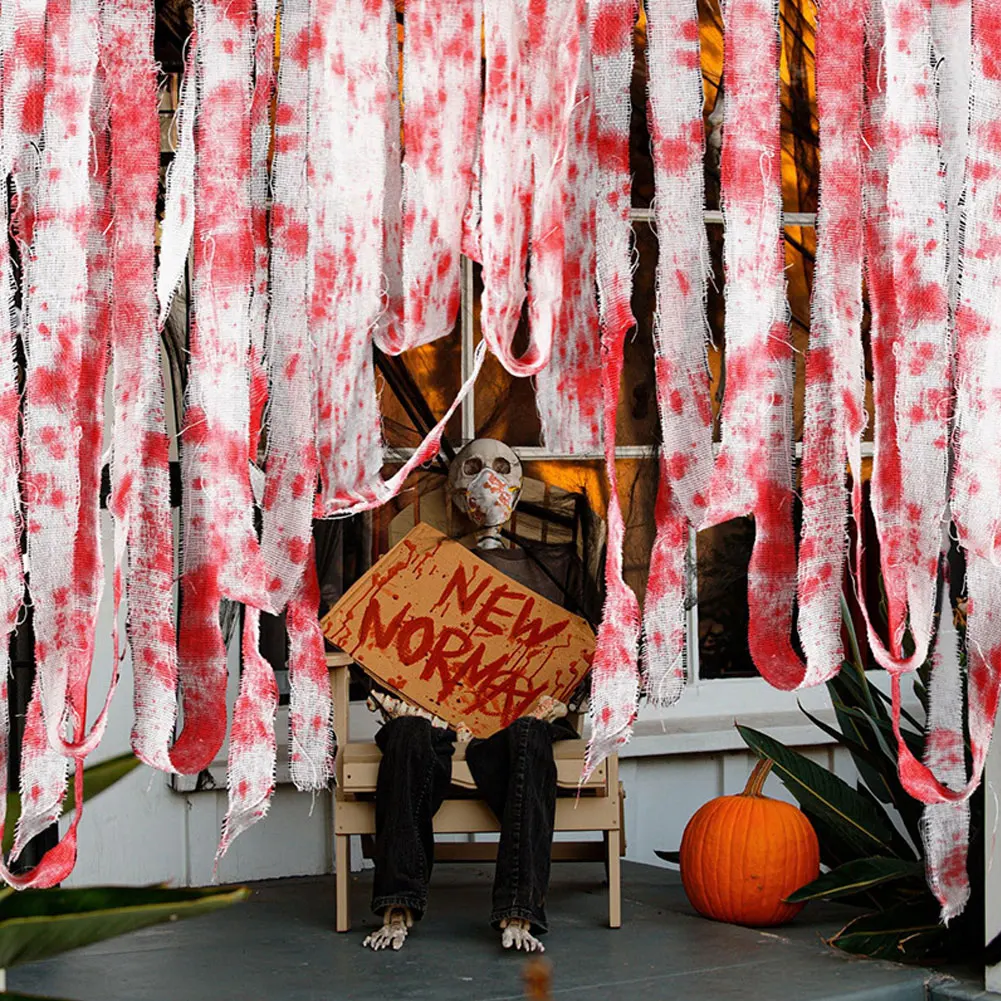 1Pc Halloween Bloody Cloth Strips Blood Gauze Bandage Haunted House Warning Isolation Belt Home Horror Party Scene Decor Props