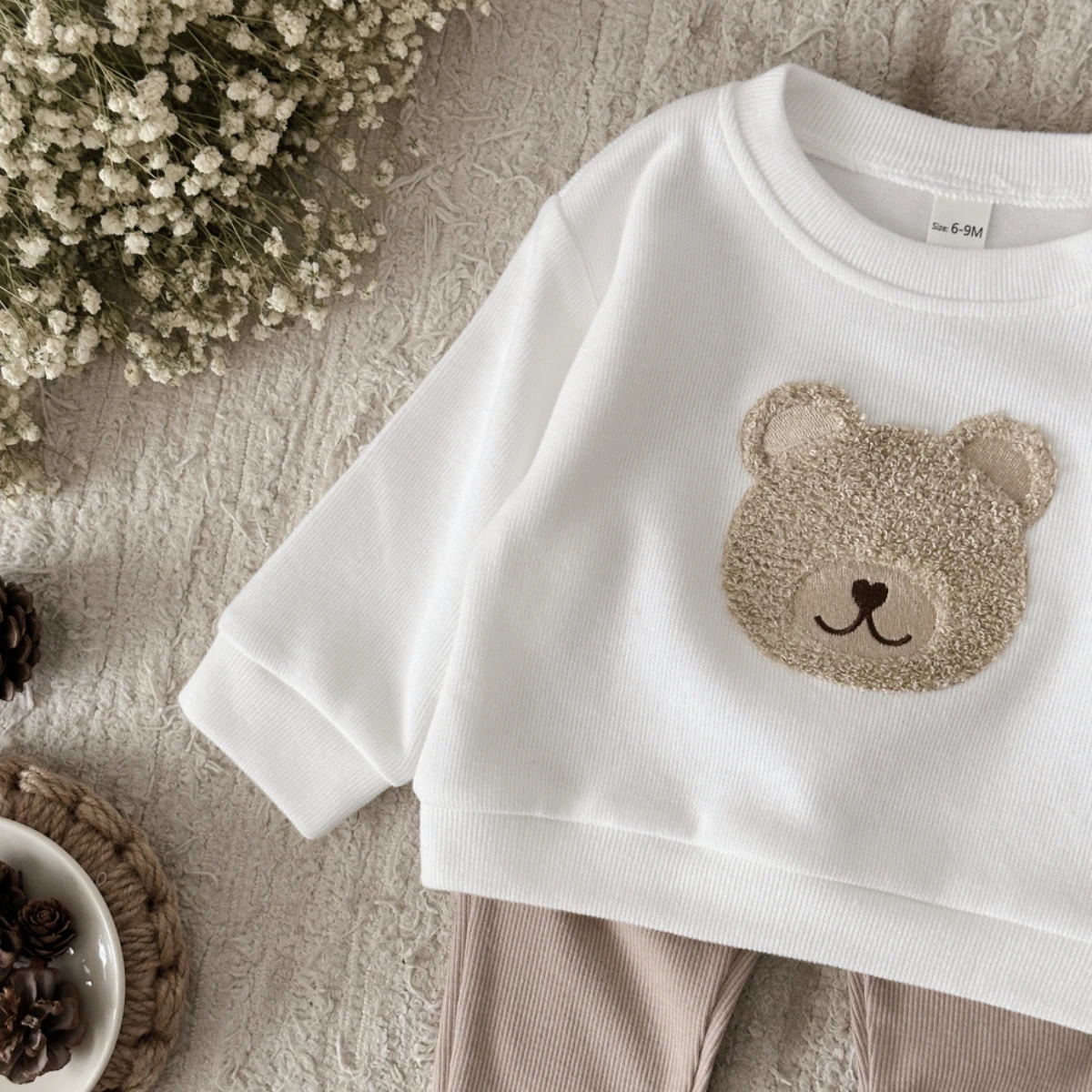 Koreanischen Stil Neugeborenen Baby Junge Mädchen Kleidung Neue Sets Bär Drucken Lange Ärmeln + Einfarbig Lange Hose Frühling Herbst kinder Outfit 2Pcs – Detail 10