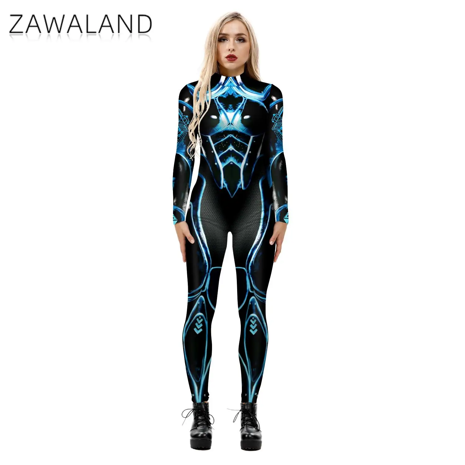 Zawaland Halloween Cyberpunk Steampunk Robot Machine 3D Printed Cosplay Costumes Punk Jumpsuit Zentai Women Bodysuit Fancy Dress cosplay costume