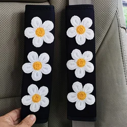 Set of 2 Ice Silk Pink Flower Seat Belt Covers with Cartoon Design - Small Flower Interior, Available in 7 Colors (2pcs white)