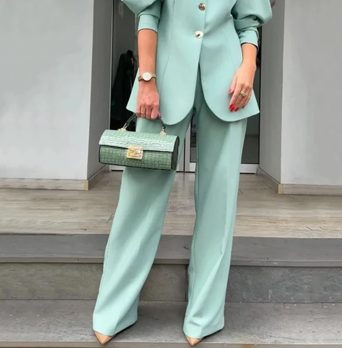 Women 2 Piece Lantern Sleeves Buttons Solid Color Top Wide Foot Pants Casual Fashion Suit Temperament Elegant Pants Pant Set