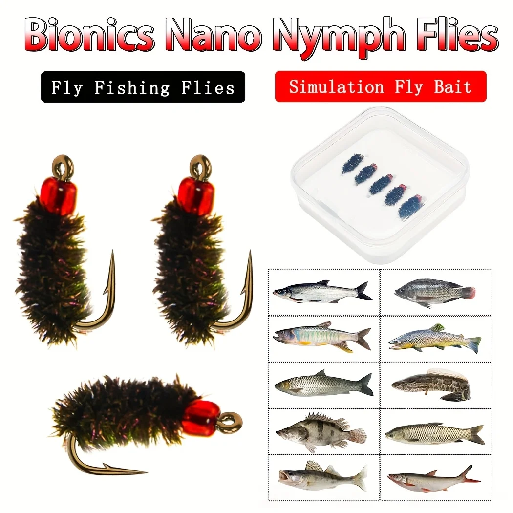 5 Stück – mit Fliegenbox, Nano-Nymphe für Forellen, Trockenfliegen, Fliegenfischen, künstlicher Insektenköder, 3 Größen optional