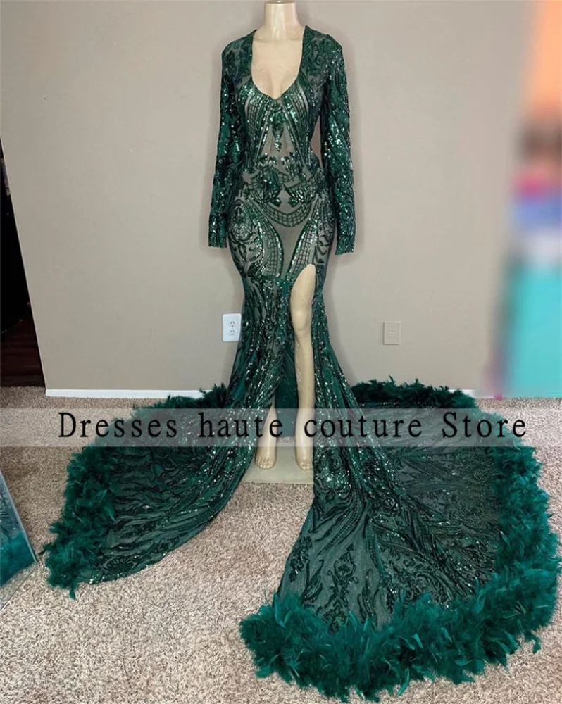 

Dark Green Sequined Lace Prom Dresses 2023 For Black Girls Feathers Side Slit Evening Dress Long Sleeve Formal Party Gowns