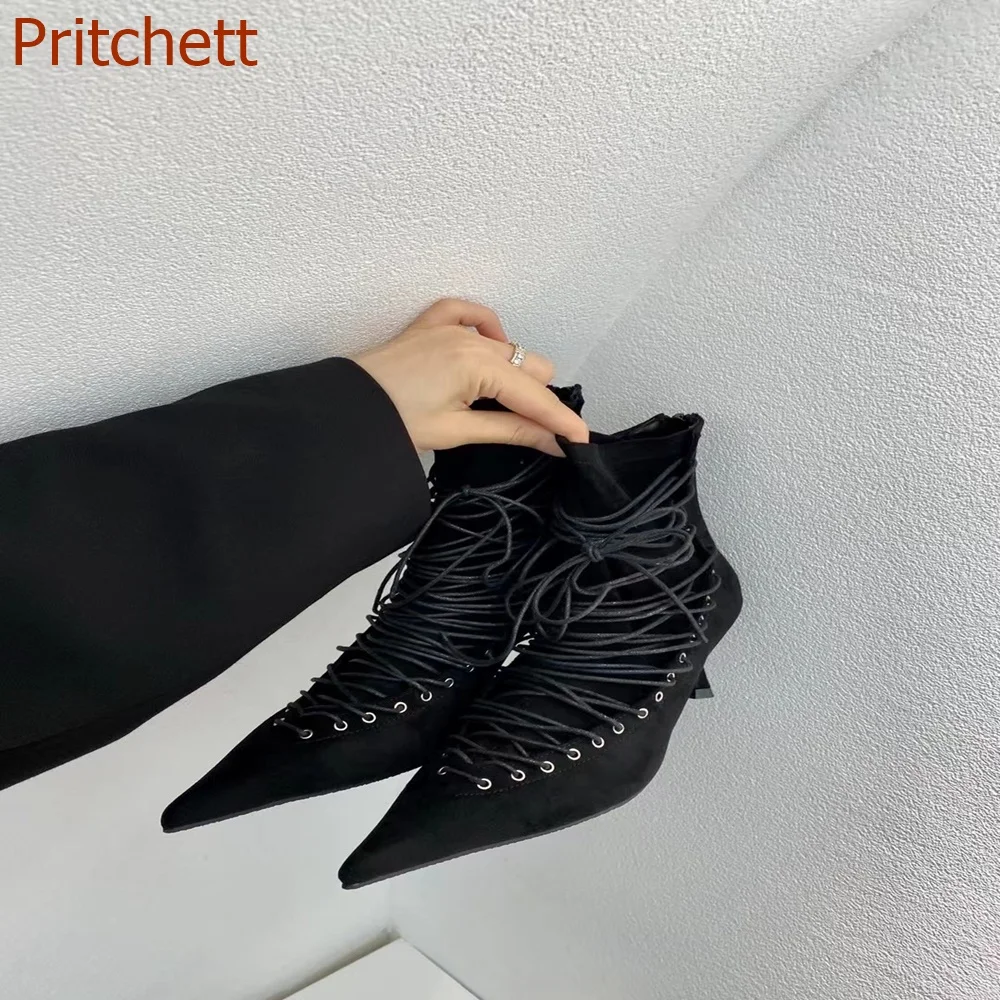 Pointed Toe Solid Women Boots Short Boots Cross Tied Zipper Thin Heels Runway Show Fashion Causal Women Shoes 2023 New Arrivals