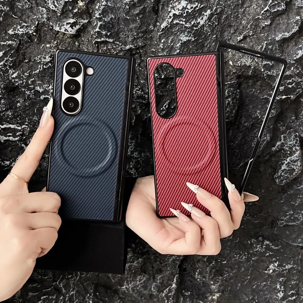 Luxury Carbon Fiber Magnetic Hinge Phone Case with Wireless Charging and Shockproof Bumper Cover