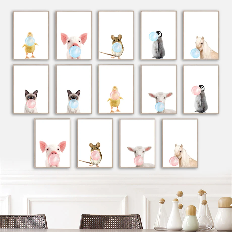 Bubble Duck Pig Mouse Penguin Horse Cat Sheep Wall Art Canvas Painting Nordic Poster E Stampe Immagini A Parete Kids Room Decor