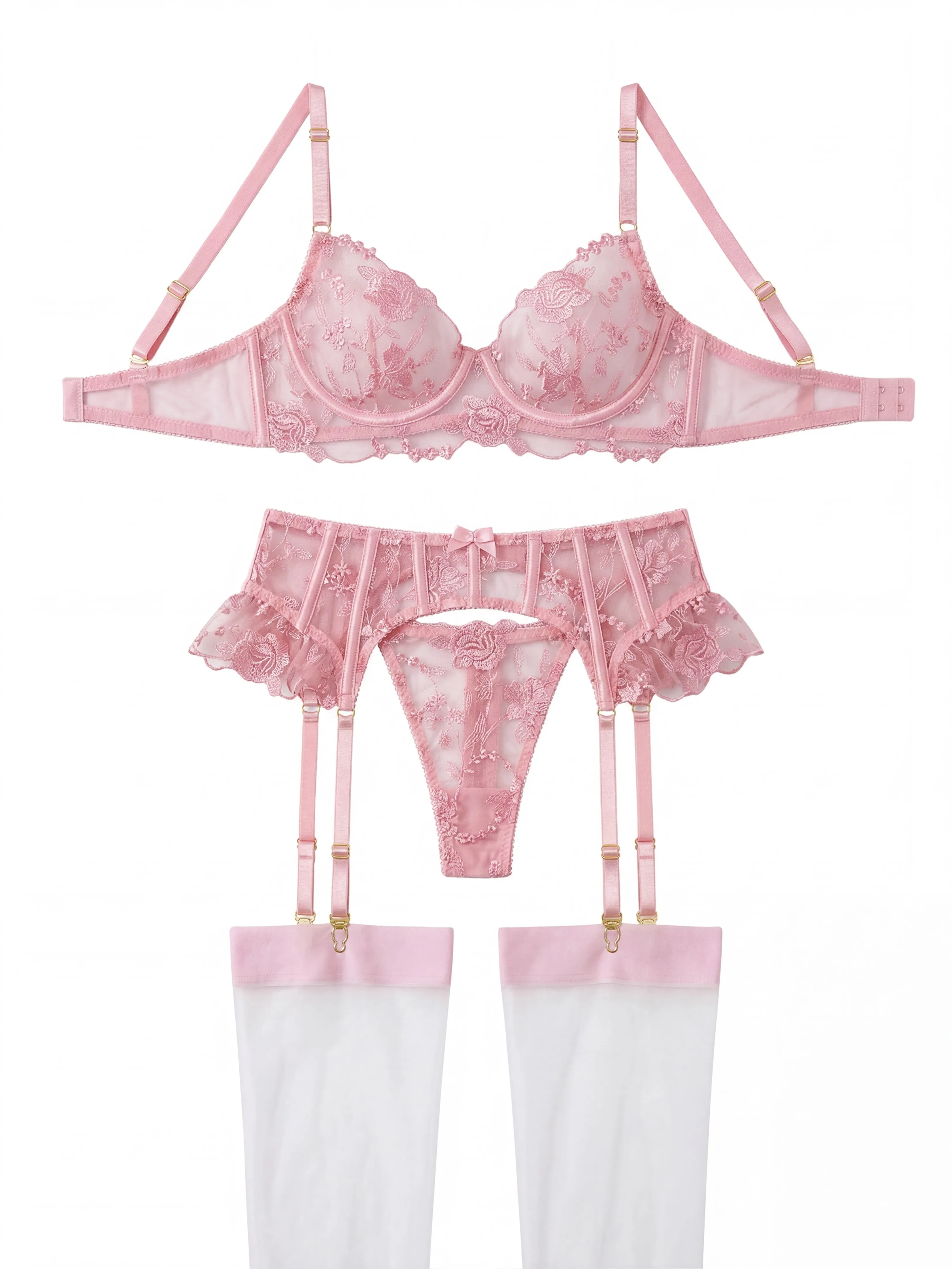 3-teiliges Dessous-Set Rosa Blumenstickerei BH Tanga Strumpfhalter Strümpfe Transparente Spitze Romantisches Valentinstagsgeschenk Verführerisches Damen-Outfit – Detail 5