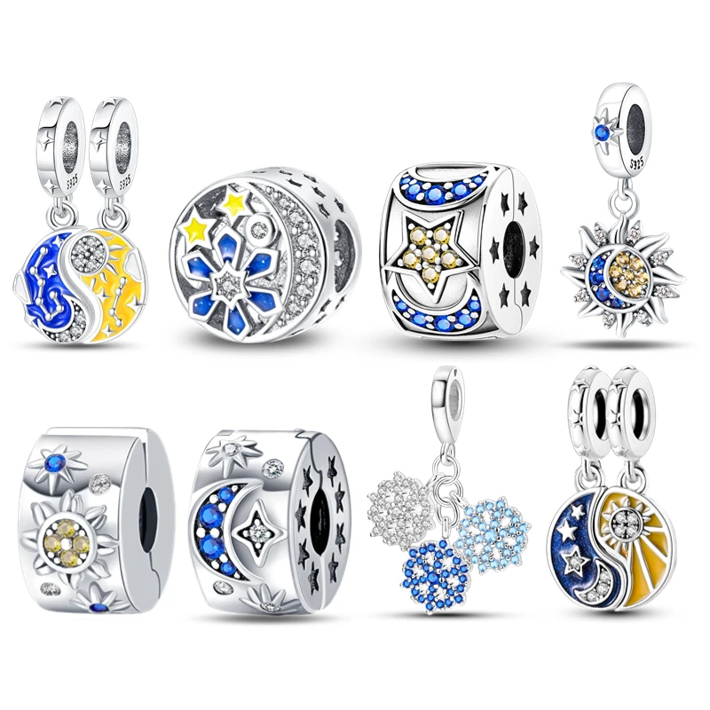 

100% 925 Sterling Silver Celestial Sparkling Sun Moon Ring Set Charms Fit Pandora Original Bracelet Diy Jewelry Making 2023 New
