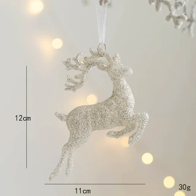 Christmas Tree Hanging Pendants - Glitter Small Xmas Deer Ornaments for Xmas and New Year 2023 Decor - White Deer, Merry Christmas, and Happy New Year