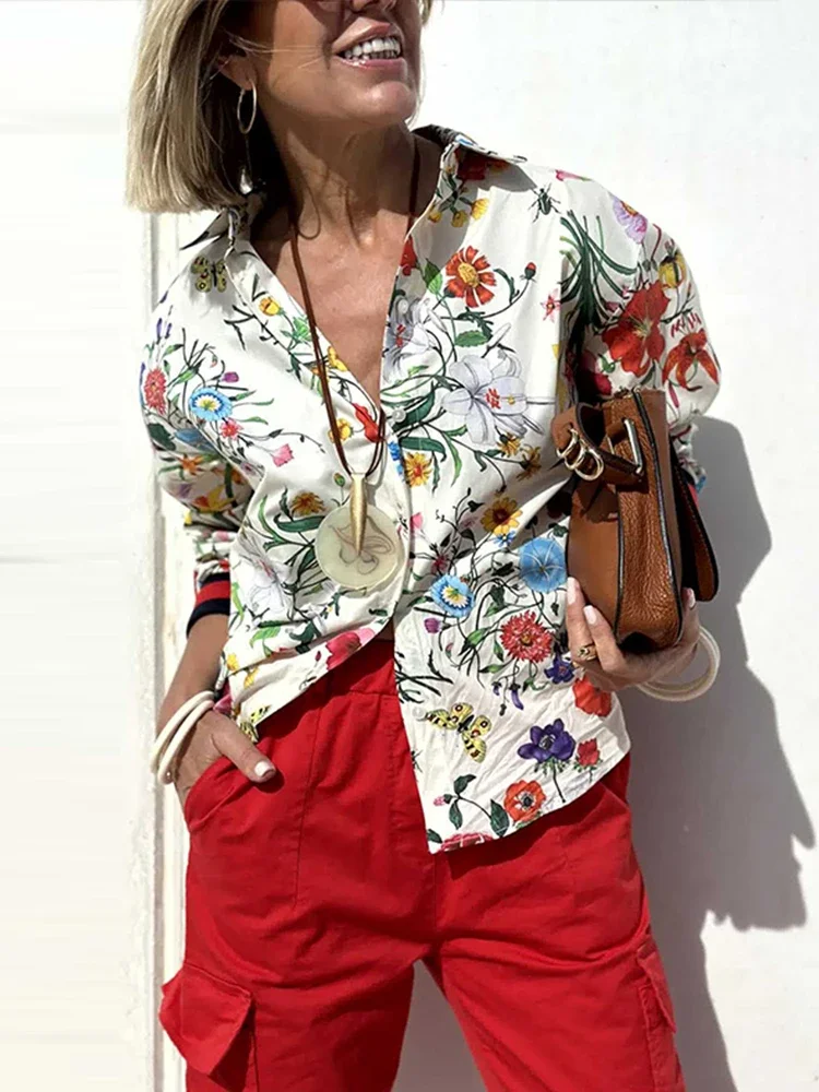 Flower Printed 2 Pcs Long Trouser Suits Women Chic Turn Down Collar Lady Shirt Sets Wide Leg Pant 2024 Spring Summer Streetwear