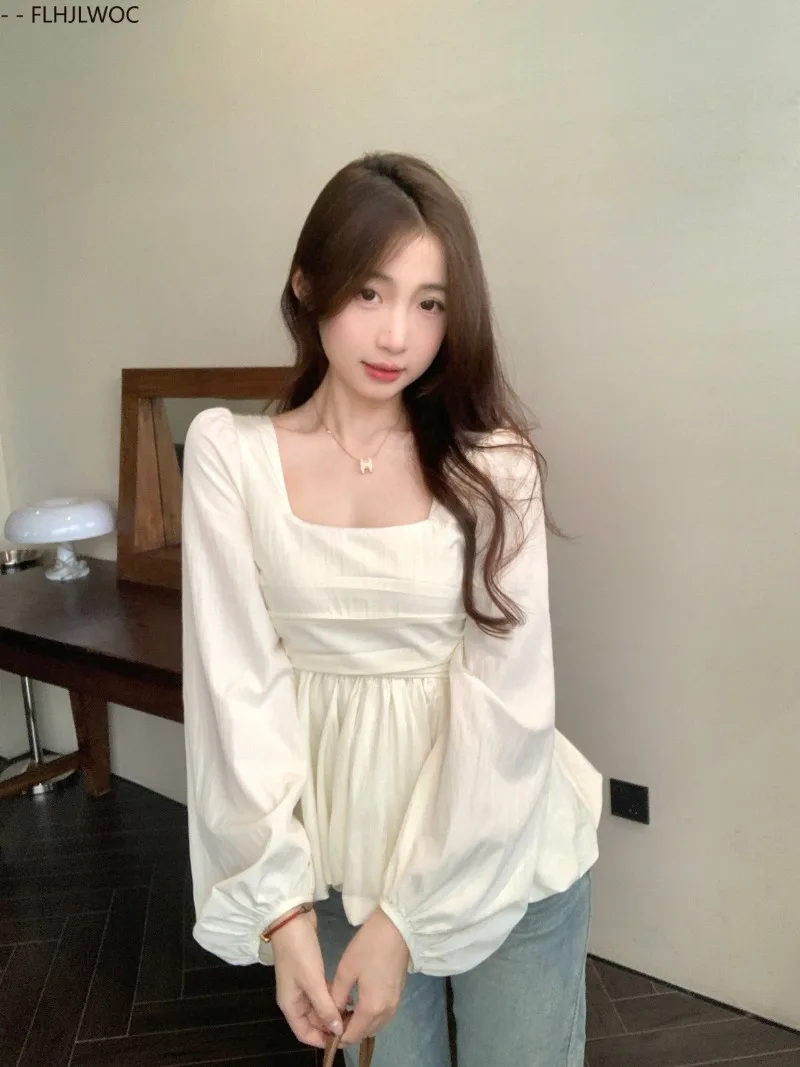 Belly Tunic Peplum Tops Blouses New Design Women Long Sleeve Casual Chic Korea Slim Fitted Black White Basics Shirts
