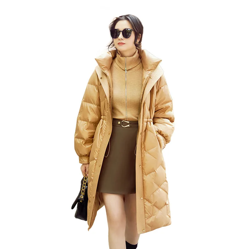 Women's Medium Long Hooded Coat, 90% Goose Down Jacket, Mink Strip Pocket Trim, Winter, New