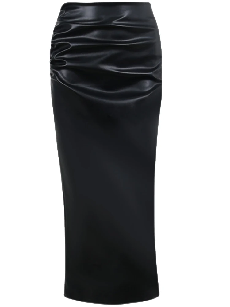 

Spring Luxury Elegant Black Soft Stretchy Pu Leather Ruched Bandage Pencil Skirt Women High Waist Office Wear Women Falda