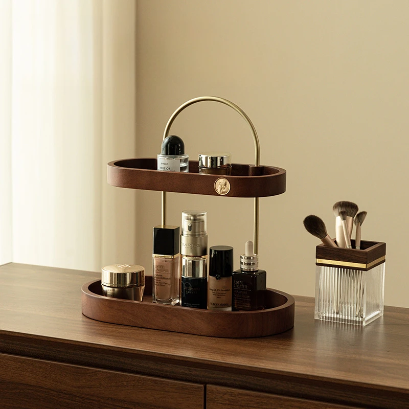 Solid wood multi-layer cosmetic storage box desktop dresser shelf perfume lipstick advanced skincare storage racks 3
