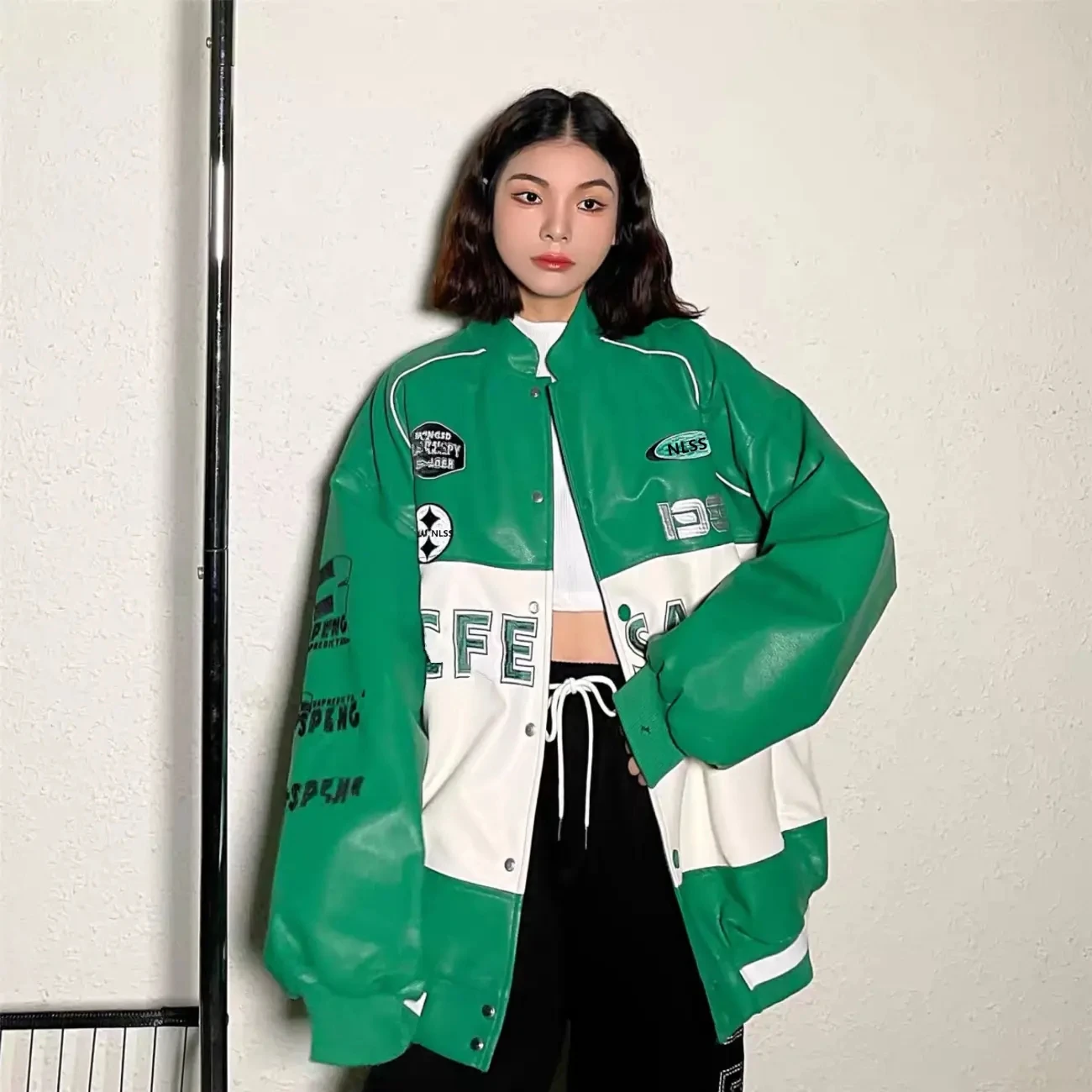 

Long Sleeve Coats Unisex American Bombers Coat Spring Autumn Hip Hop High Street Stitching Bomber Varsity Leather Jacket Women