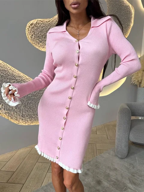 Trendix Ruffle Knitted Dress Women's Autumn V Neck Patchwork Button Long Sleeve Dresses High Waist Knit Elegant Evening Dress 1