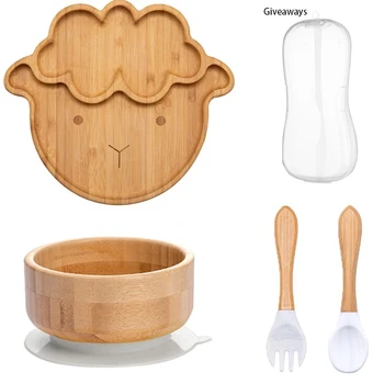 아기 및 유아용 흡입 플레이트, 대나무 분할 플래터, 수유 접시, 모든 천연 아기 식품 플레이트, 아기 주도 이유식 유지 상품 이미지