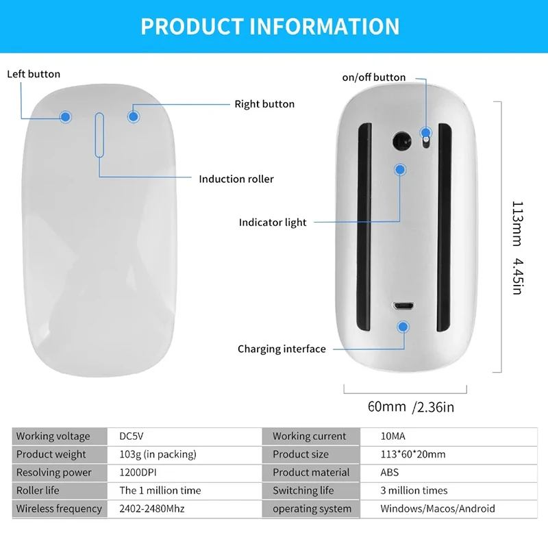 Xiaomi Wireless Bluetooth Magic Computer Mouse Rechargeable Touch Slim Ergonomic Dual-Mode Silent PC Mice For Apple Macbook Air 6