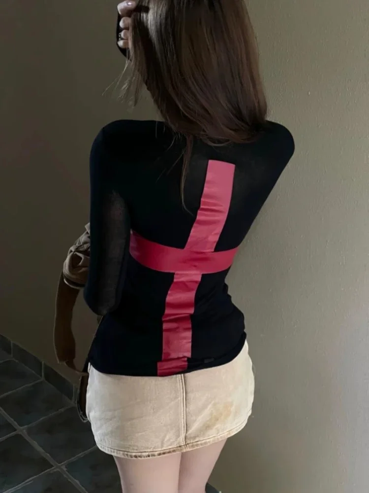 

Черные топы с принтом распятия, модная облегающая Универсальная футболка в стиле Харадзюку, винтажная уличная одежда с высоким воротником, футболка Y2k в эстетике