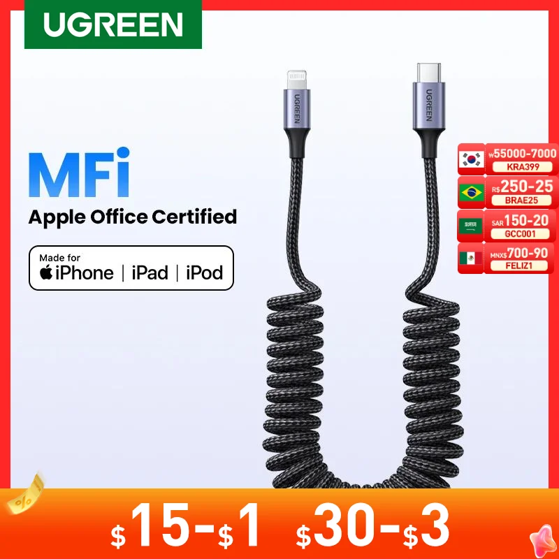 

UGREEN MFi 3A USB C to Lightning Spring Cable for iPhone 14 13 12 Pro Max Fast Charging for iPad Type-C USB A Cable for Car