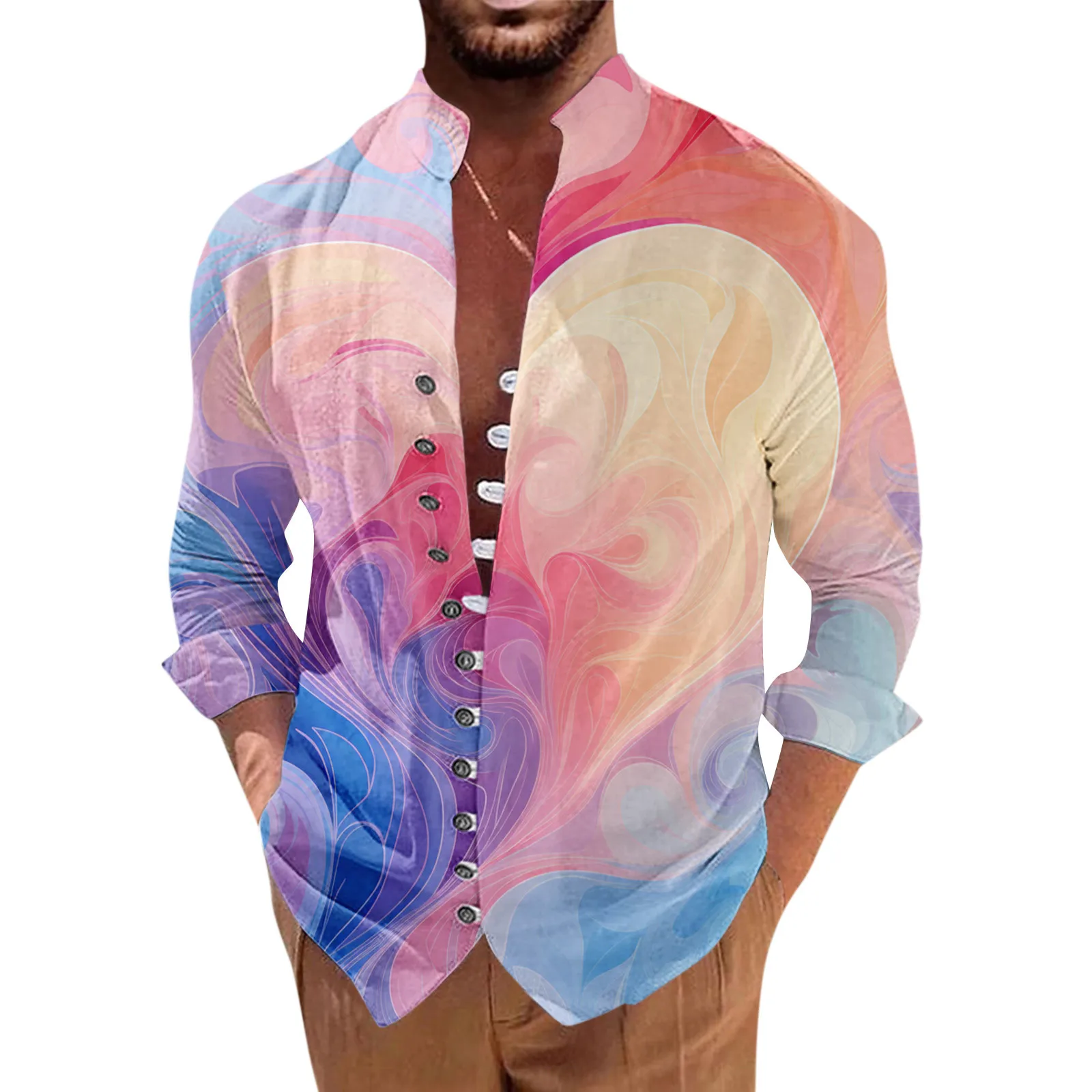 

рубашка Men'S Retro Casual Loose Fitting Long Sleeved Printed Shirt Fashion Standing Collar Top Men's Clothing 한국인 리뷰 많은 옷