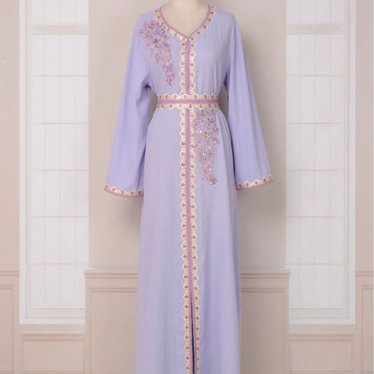 

Мусульманское платье с V-образным вырезом и длинными рукавами, женское платье с принтом из бисера, абайя, длинное вечернее платье, модная Арабская одежда Дубая