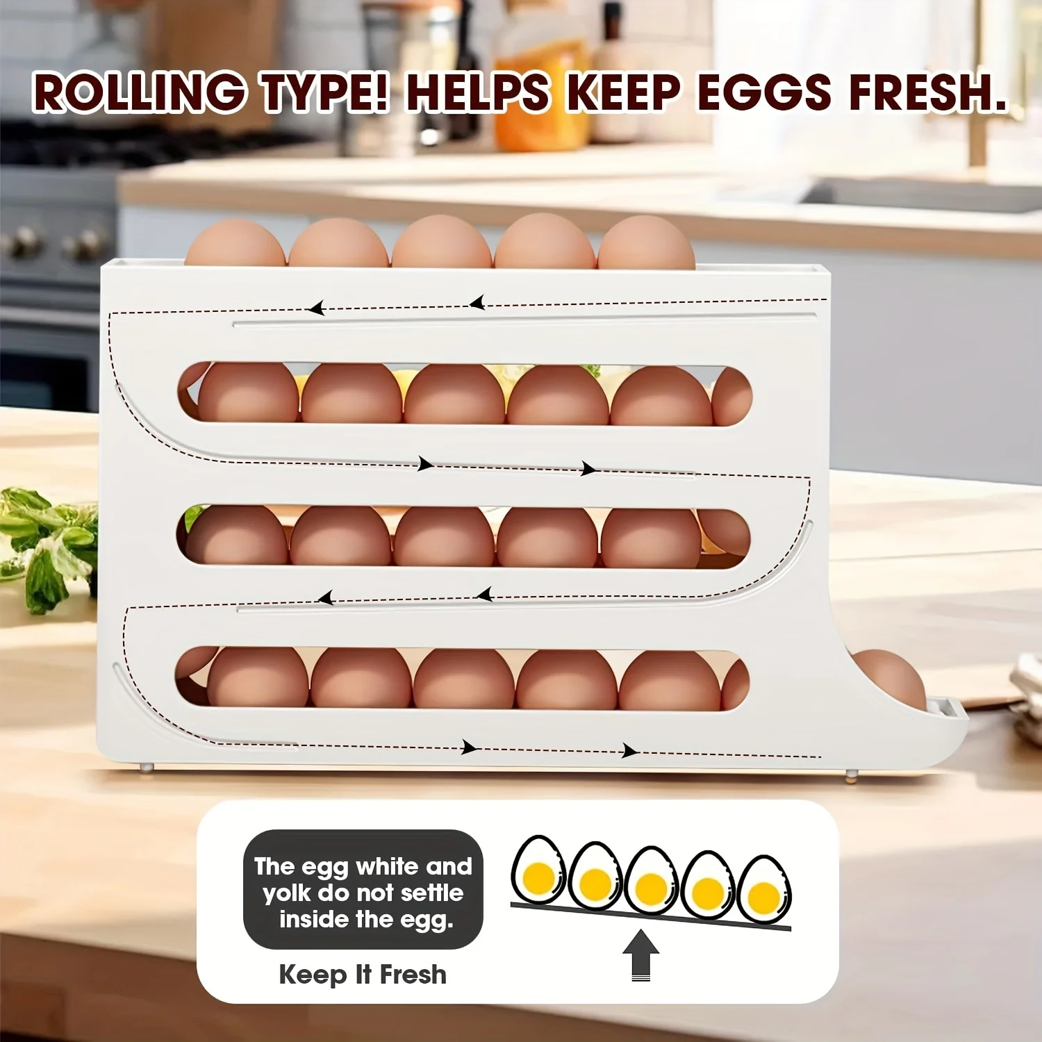 30 Eggs Egg Holder for Fridge - Auto Rolling Fridge Egg Organizer, Space-Saving Egg Dispenser Holder, 4 Tiers Fridge Egg Rack La 3