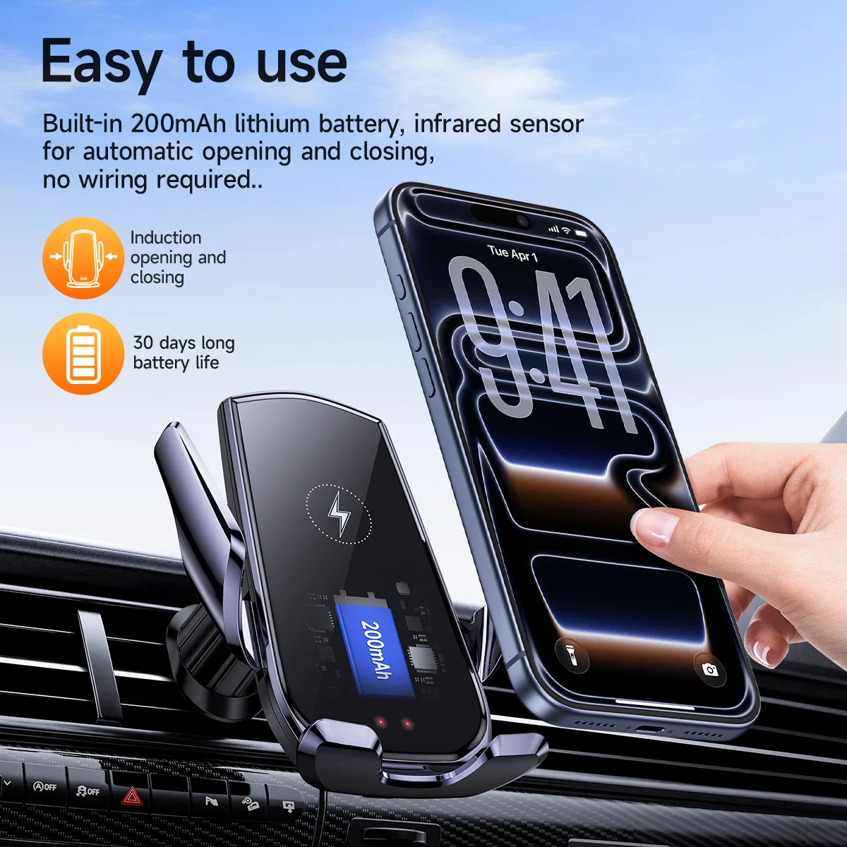 HOCO Infrared Automatic Induction Wireless Charging Car Holder with Air Vent Clip