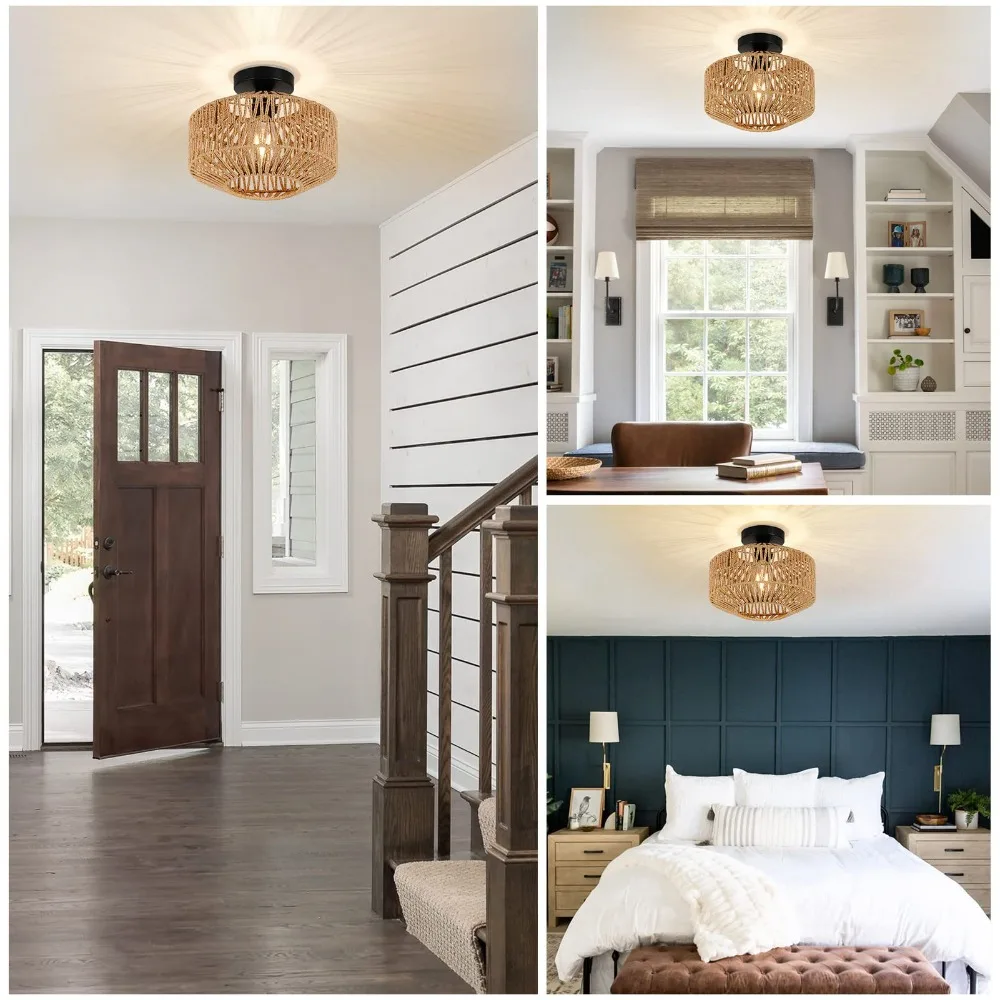 Chinese Retro Handmade Wicker Chandelier Ceiling Light Wabi-sabi Rattan Pendant Lights for Restaurant Bedroom Teahouse Study E27