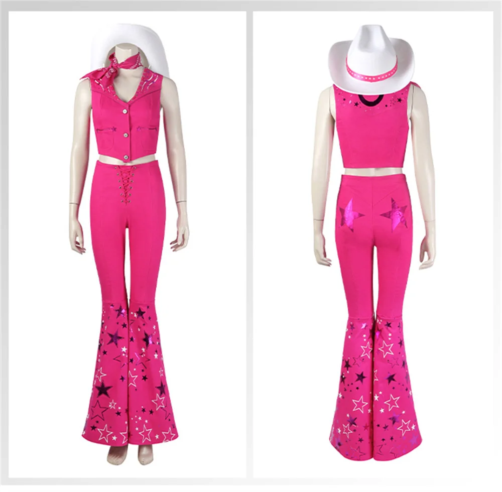 2023 Film Margot Robbie Cosplay Kostuum Margot Sexy Starry Roze Vest Broek  Sjaal Pak Voor Dames Halloween Feestpak - AliExpress