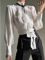 Deeptown blanc volants élégant Vintage femmes Blouses noir Y2k victorien gothique à manches longues col montant chemises ample Preppy 1