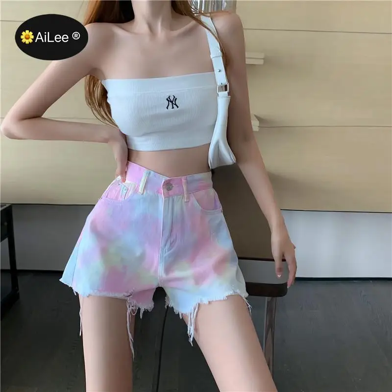 Tie Dye Demin Hot Shorts for Women Frayed Raw Hem Ripped Tassels Distressed High Rise Summer Clubwear Jeans for Teens Young Girl