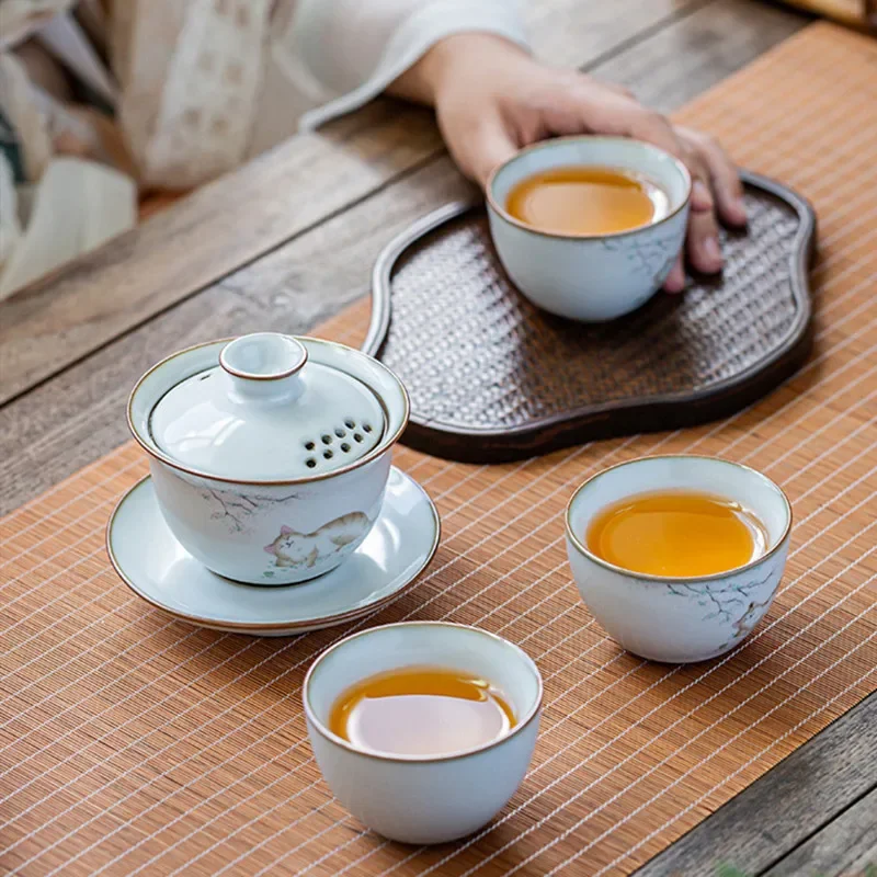 Chinese Ru Kiln Ceramic Gaiwan Cute Cat Pattern Filter Teacup Travel Portable Handmade Tea Bowl Home Tea Set Drinkware 150ml