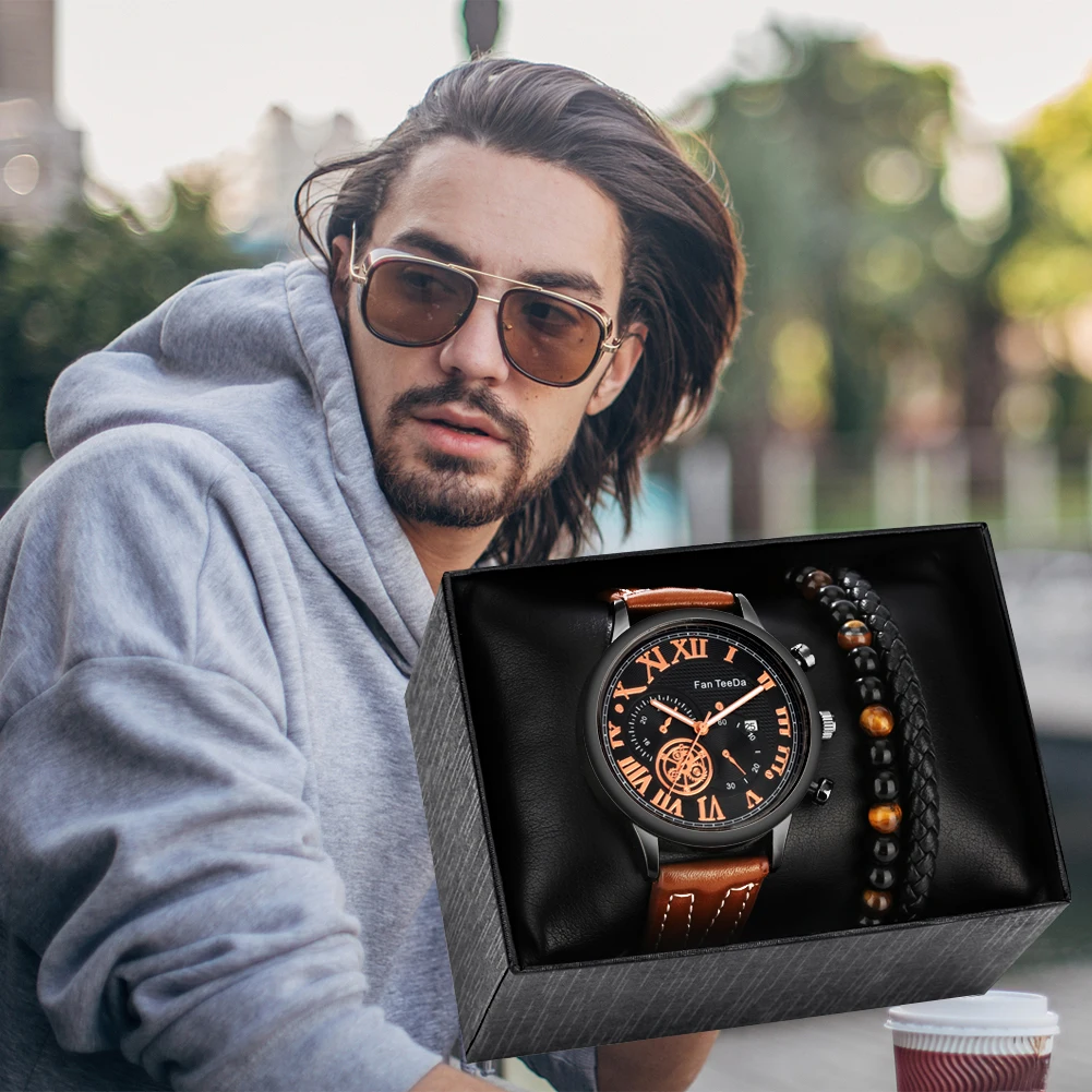 Luxury Watch Men Set Gift Brown Steampunk Quartz Watches with Calendar for Men Exquisite Bracelet Gifts Box reloj para hombres