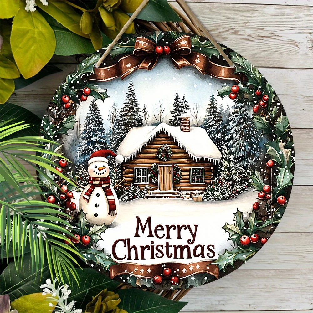 Frohe Weihnachten Schneereicher Dschungel Schneeflocke Schneemann Winterhaus Retro-Stil Weihnachten Holz Veranda Kranz Hängender Druck Schild 1 Stück – Detail 6