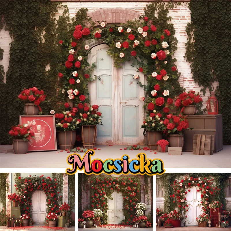 

Girl Birthday Portrait Photo Backdrop Roses Wooden Door Brick Wall Photocall Decoration Valentine's Day Photography Backgrounds