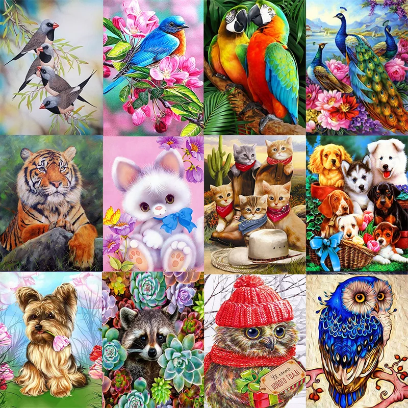 5D DIY Diamond Painting Animal Cat Dog Birds Full Round Drill Diamond Embroidery Mosaic Peacock Cross Stitch Home Wall Art Decor