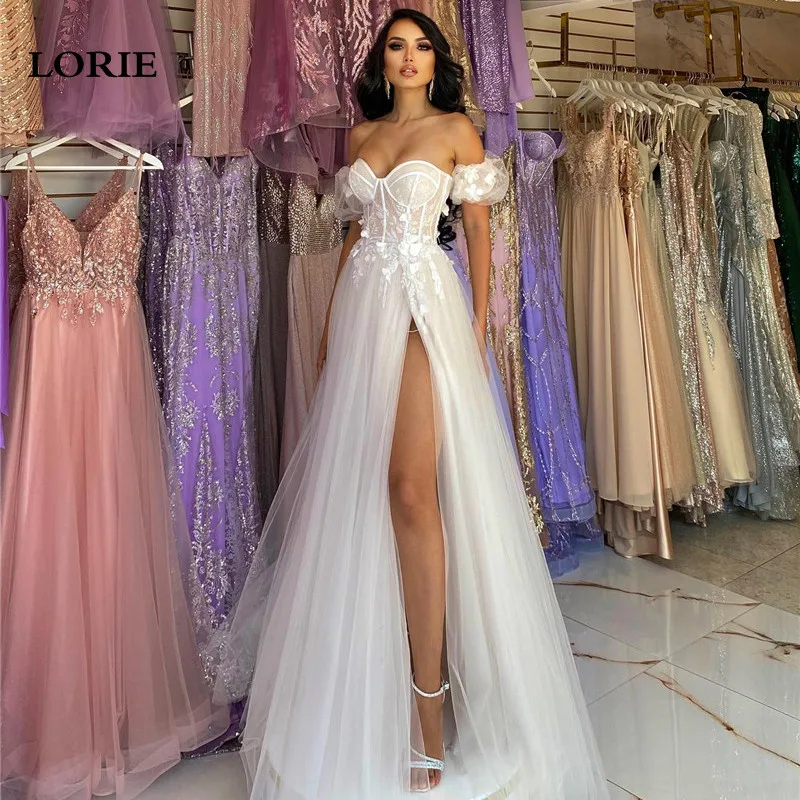 LORIE Boho Wedding Dresses A Line Sweetheart Neck Appliqued Lace Bride Dress Side Split Wedding Gowns