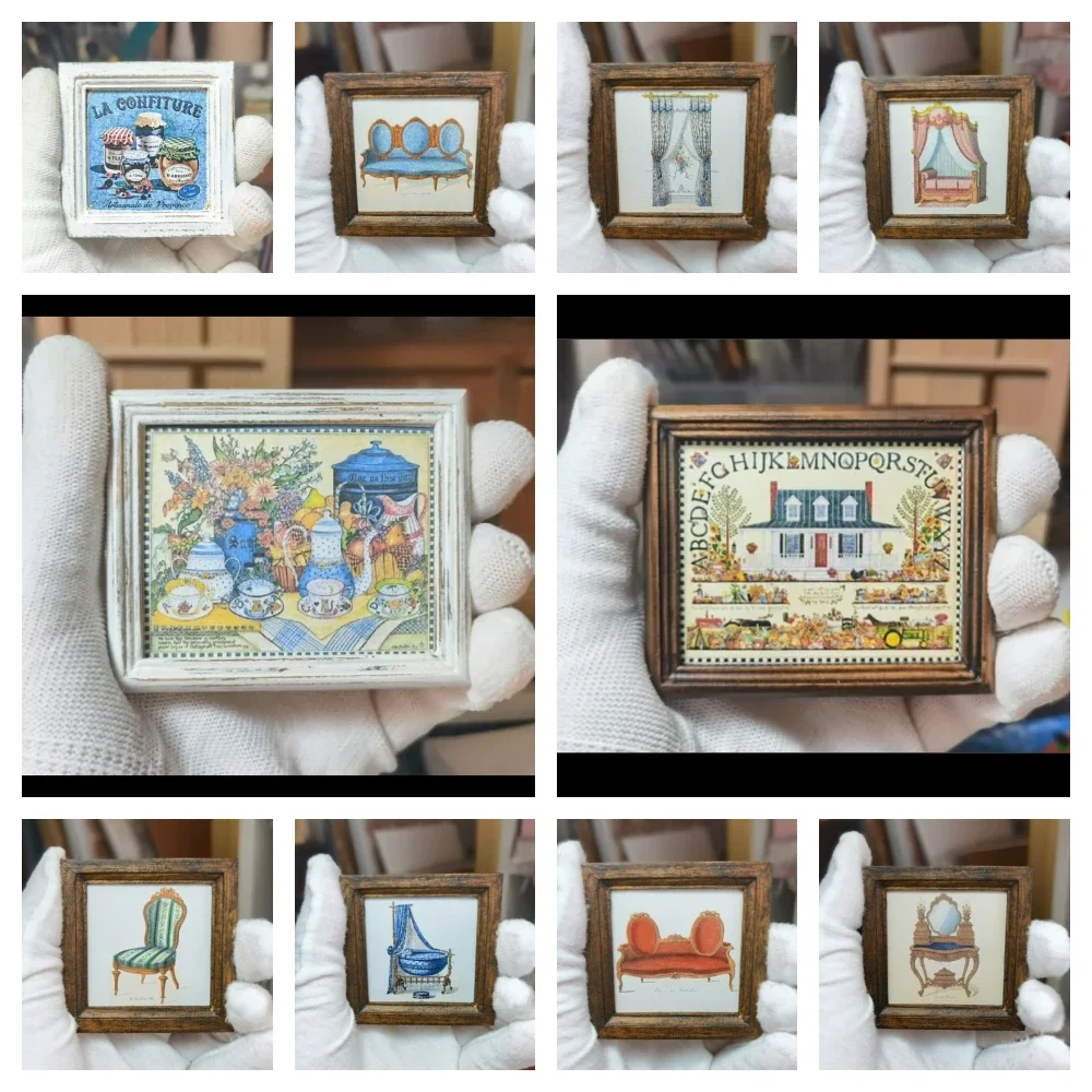 Miniature Wall Decoration Sofa Furniture Flower Clothes Decorative Painting Model Vintage Picture Frame Doll House Accessories