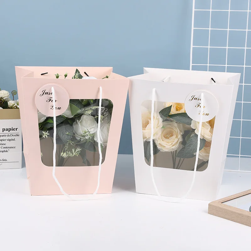 Trapezoidal Windowed Tote Bag Doll Bouquet Packaging Gift Paper Bag Flower Potted Plant Paper Transparent Flower Tote