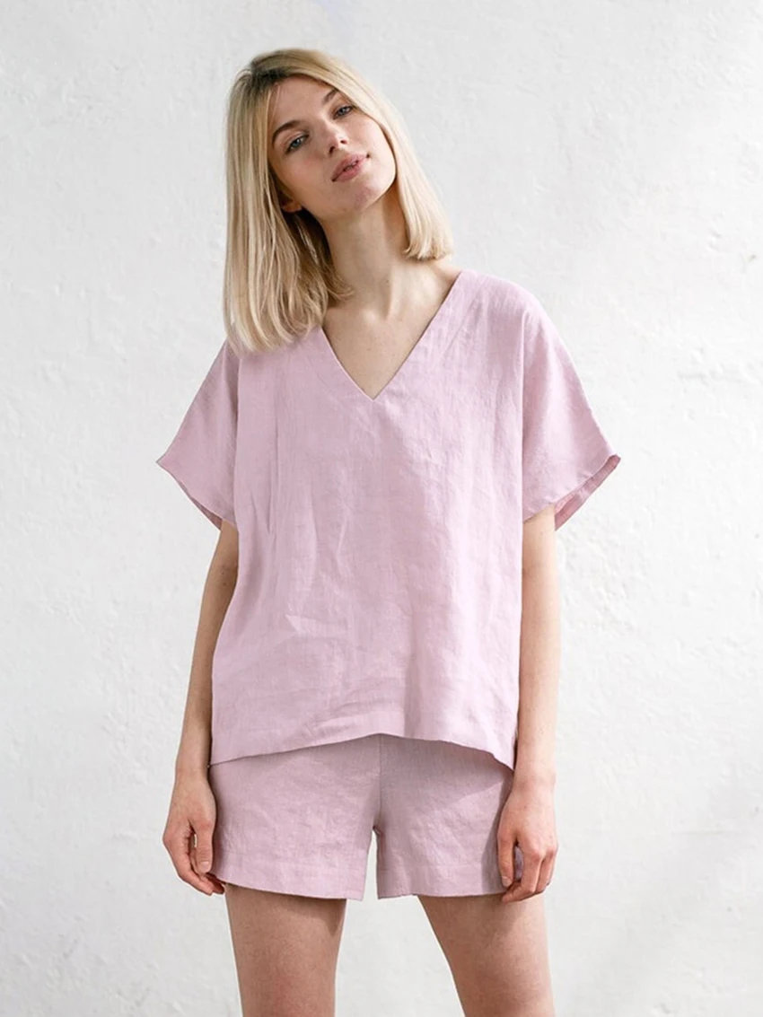 Marthaqiqi Cotton Women'S Nightwear 2 Piece Set Sexy V-Neck Sleepwear Short Sleeve Nightgowns Shorts Casual Ladies Pajamas Suit