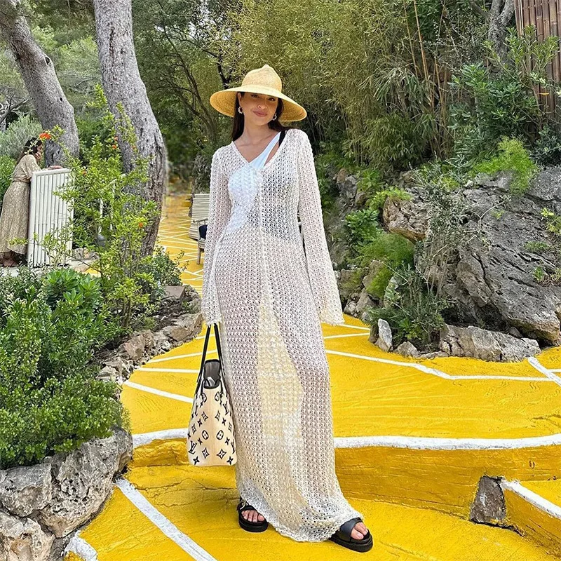 Summer Hollow Out V-Neck Cover up Maxi Dress - Women's Beach Holiday See-Through Sexy High Waist Long Dress