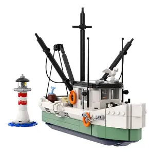 HI-Reeke City Fishing Boat Building Block Set Ideas Ocean Boat Cabin  Building Kit Toy for Kid Green 