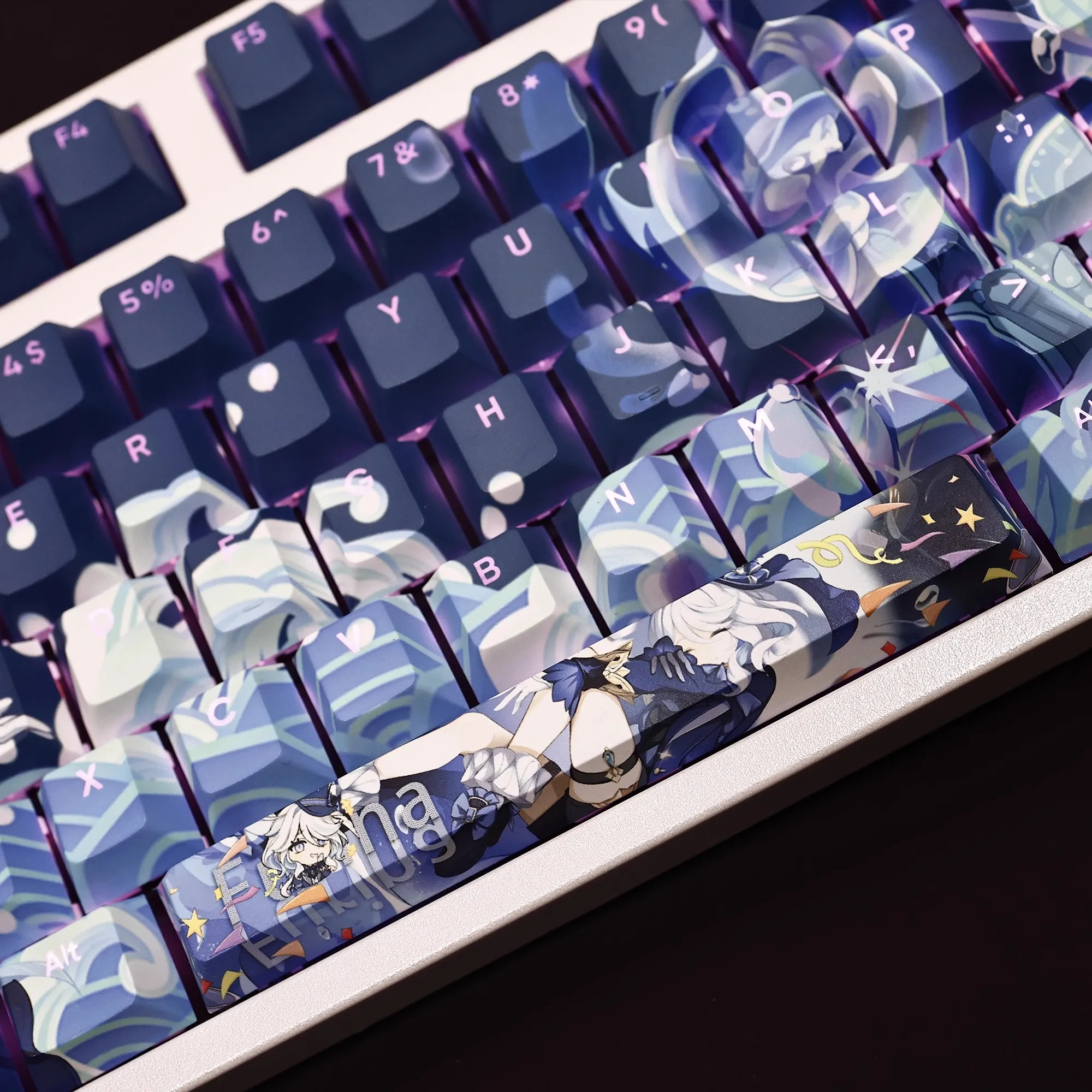 Genshin Impacto Furina Keycap 3rd Generation Pbt Dye Subbed Backlit Keycaps Anime Game Key Caps para Ansi 61 87 104 108 Chaves - Imagem 3