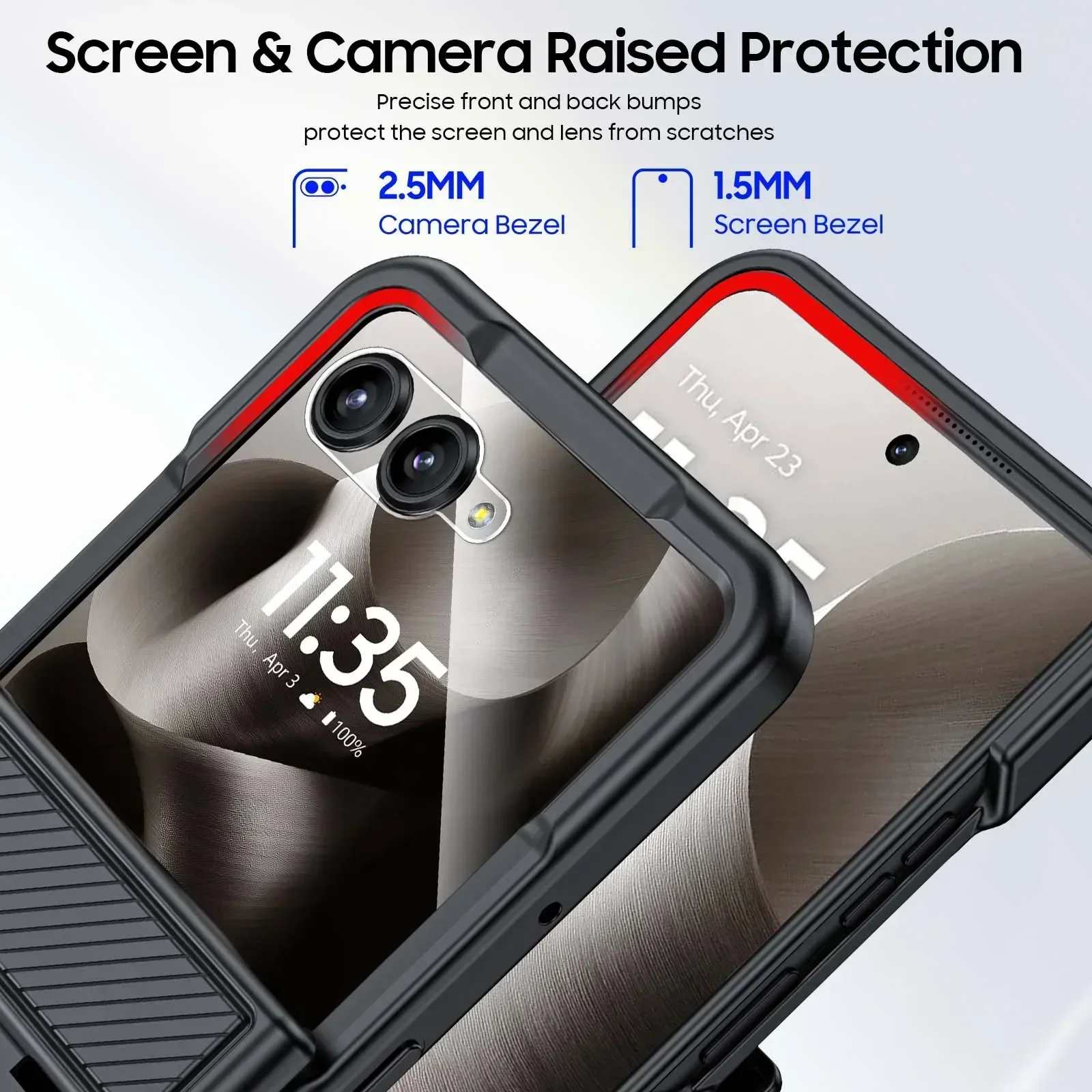 Black Phone Case with Card Clip, Hinge Protection, RFID Shielding, and Screen Protector