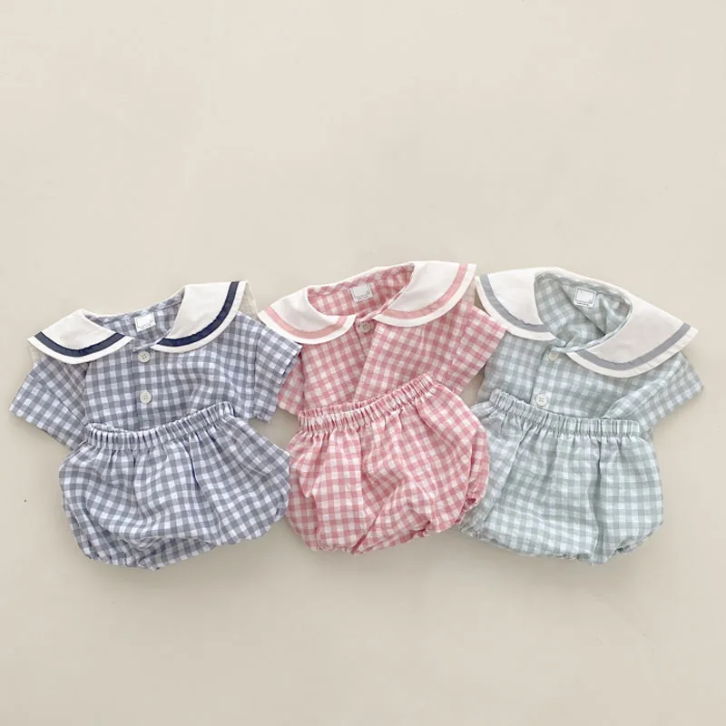 Baby Suit Girls Charm Plaid College Style Short Sleeved Top + Shorts 2pcs Summer Lapel Top 2pcs Set Baby Clothing Set for boy